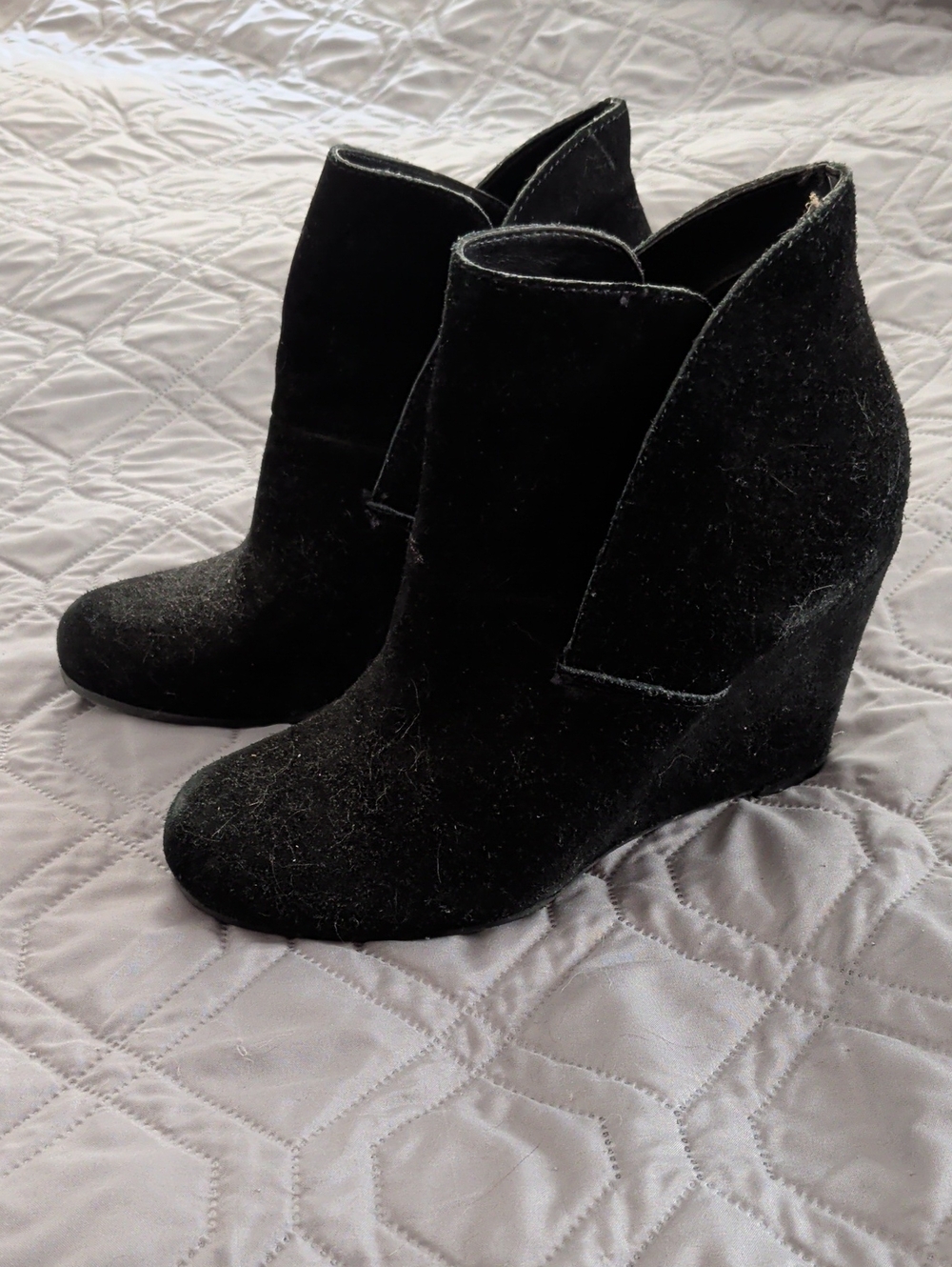 Women's Black Wedge Ankle Booties - Suede-Look Slip-On Style